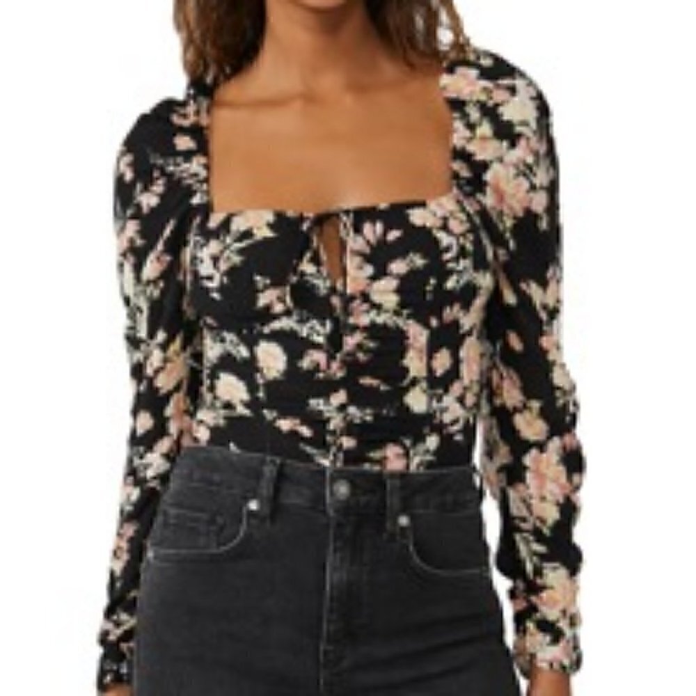 Free People Hilary Print Boho Top Black Floral Size M